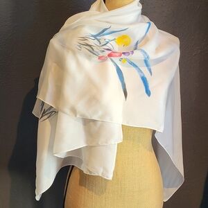 Unbranded White Silk Scarf/Wrap With A Watercolor Floral Design